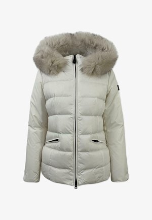 Witte gewatteerde jas met een grijze nep bontkraag, zwarte ritsen en zijzakken. Het ontwerp heeft een doorgestikte structuur over het gehele oppervlak.