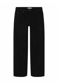 Pantalones anchos de mezclilla negra con un corte recto, cinco bolsillos y cierre de botón. Los detalles incluyen remaches metálicos y costuras cosidas.