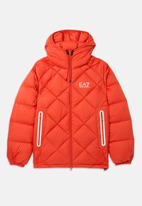 Red puffer jacket with a quilted design, adjustable hood, and zippered pockets featuring white accents. EA7 logo on the chest.