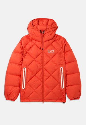 Red puffer jacket with a quilted design, adjustable hood, and zippered pockets featuring white accents. EA7 logo on the chest.