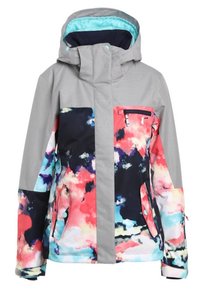 Veste d'hiver à capuche pour enfant avec épaules grises et motif multicolore ressemblant à des nuages en rose, bleu et noir, fermeture éclair frontale avec rabat à pression et poches.
