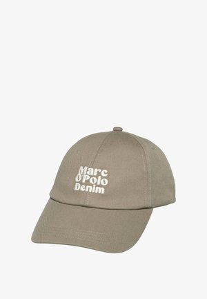 Jasnobrązowa czapka baseballowa z zakrzywionym daszkiem i białym haftowanym napisem „Marc O'Polo Denim” na przednim panelu.