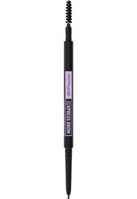 Matita per sopracciglia nera con un pennello a spirale da un lato. Presenta un design elegante e un'etichetta viola chiaro con la scritta "MAYBELLINE EXPRESS BROW."