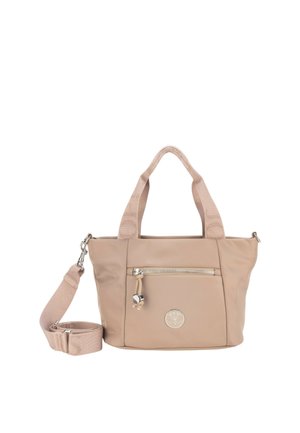 Beige håndtaske med to korte håndtag, en aftagelig skulderrem, frontlynlåslomme og rundt mærkelogo.