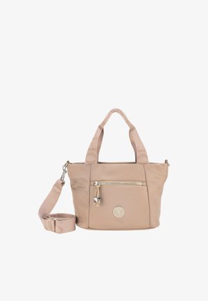Beige håndtaske med to korte håndtag, en aftagelig skulderrem, frontlynlåslomme og rundt mærkelogo.