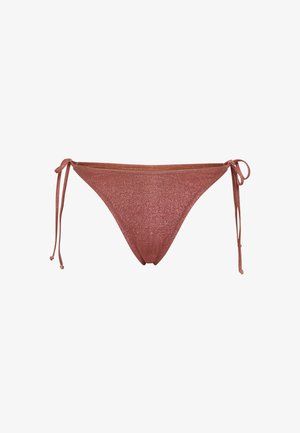 Bikini põhi sädelevas roosakas toonis, millel on külgedel seotavad paelad, kitsas lõige ja sile tekstuur sädeleva viimistlusega.