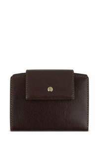 Portafoglio di pelle marrone con una finitura texturizzata, forma rettangolare e chiusura a scatto. Presenta cuciture visibili e un accento in metallo dorato.