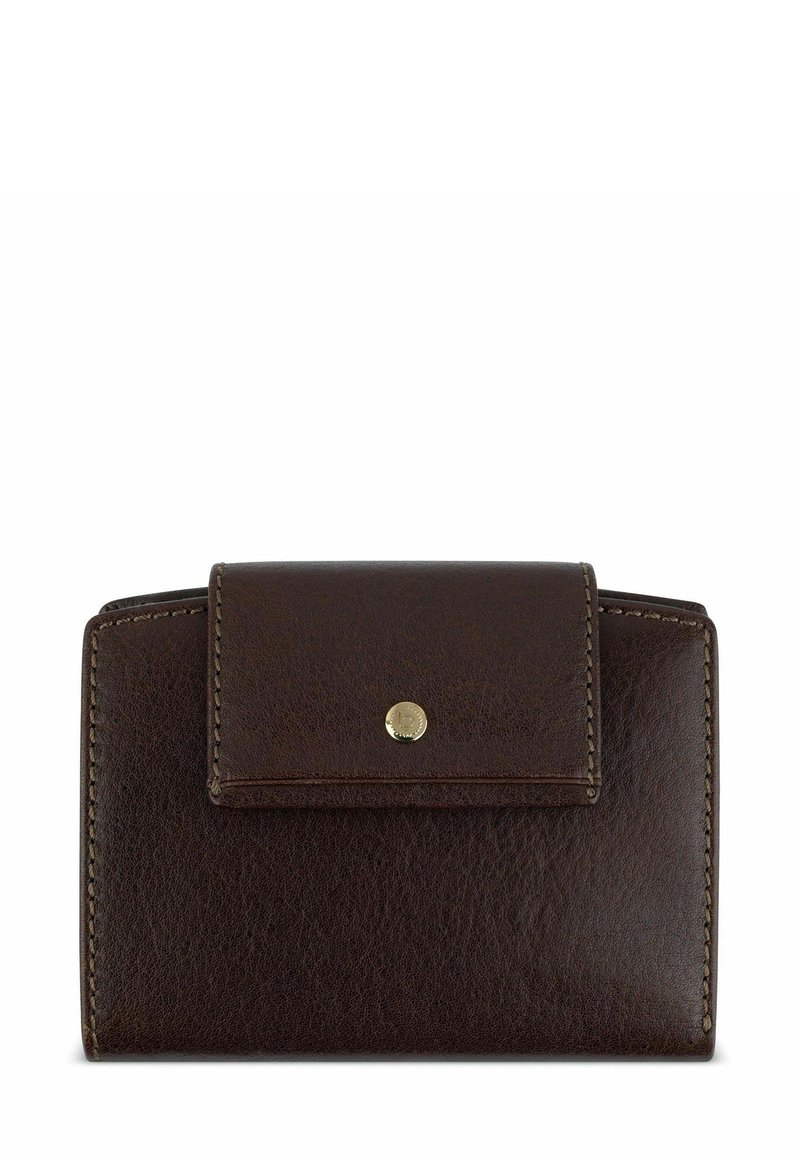 Portafoglio di pelle marrone con una finitura texturizzata, forma rettangolare e chiusura a scatto. Presenta cuciture visibili e un accento in metallo dorato.