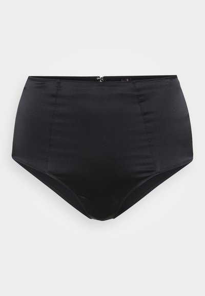 High-waisted black bikini bottom made of smooth, stretch fabric. Features a clean finish and subtle seams for a sleek look.