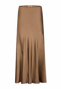 Jupe en satin marron avec un design lisse et fluide. Elle possède une taille haute et s'évasent délicatement vers l'ourlet. Aucun motif ou impression visible.