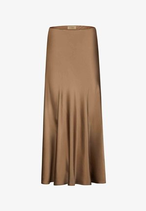 Brauner Satinrock mit einem glatten, fließenden Design. Er hat eine hohe Taille und weitet sich sanft bis zum Saum. Keine sichtbaren Muster oder Drucke.