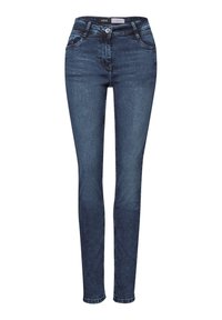 Slanke spijkerbroeken van donkerblauwe denim, met een vijf-pocket ontwerp, een knoopsluiting en subtiele vervaging over de stof.
