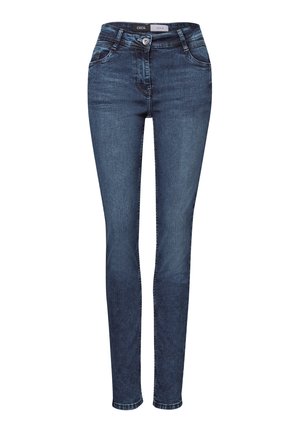 Jean skinny en denim bleu foncé, avec un design à cinq poches, une fermeture à bouton et un léger dégradé sur le tissu.