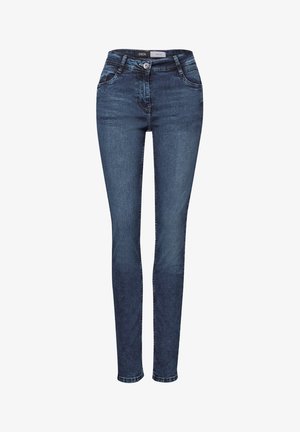 Schlanke Jeans aus dunkelblauem Denim, mit einem Fünf-Taschen-Design, einem Knopfverschluss und subtilen Verfärbungen im Stoff.
