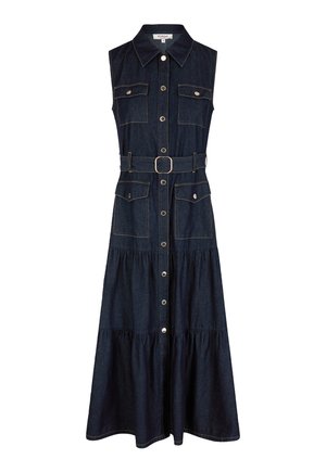 Jeansjurk met mouwloos ontwerp, kraag, aangesnoerde taille met riem, twee borstzakken, knopen aan de voorkant, gelaagde rok, donkerblauwe kleur met contrasterende stiksels.
