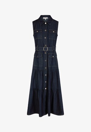 Jeansjurk met mouwloos ontwerp, kraag, aangesnoerde taille met riem, twee borstzakken, knopen aan de voorkant, gelaagde rok, donkerblauwe kleur met contrasterende stiksels.