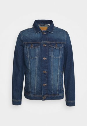 Men’s dark blue denim jacket with button closure, two chest flap pockets, and side slit pockets, displayed on plain background.
