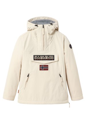 Veste d'hiver à capuche couleur ivoire avec poche zippée à l'avant, poches latérales zippées, logo Napapijri et écusson avec drapeau norvégien sur le devant.