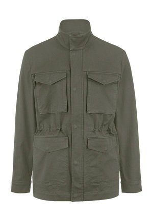 Olijfgroene utility jas met opstaande kraag, drukknoopsluiting aan de voorkant, verstelbare taille en vier klepzakken aan de voorkant.