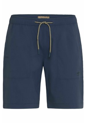 Navy swim shorts with an elastic waistband, beige drawstring, two side pockets, and a small logo on the left thigh. Smooth fabric texture.