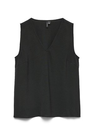 Top negru fără mâneci, cu decolteu în V, textură ușoară, tiv drept și detalii subtile ale cusăturilor, pe fundal alb.