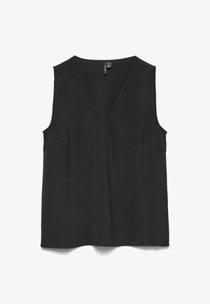 Schwarzes ärmelloses V-Ausschnitt-Oberteil mit leichter Struktur, geradem Saum und dezenten Nahtdetails auf weißem Hintergrund.