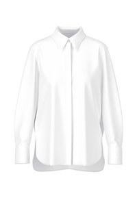 White button-up shirt with a collared neckline, long sleeves, and side slits. Made of smooth fabric with a straight, relaxed fit.