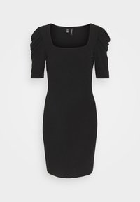 Černé žebrované šaty se čtvercovým výstřihem a krátkými nabíranými rukávy. Upnutý střih, hladká textura, délka ke kolenům.