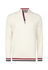 Weißer Reißverschluss-Pullover mit strukturiertem Strickmuster. Mit rot-blau gestreiftem Kragen und Saum. Reißverschluss am Hals für eine verstellbare Passform.