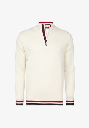 Weißer Reißverschluss-Pullover mit strukturiertem Strickmuster. Mit rot-blau gestreiftem Kragen und Saum. Reißverschluss am Hals für eine verstellbare Passform.