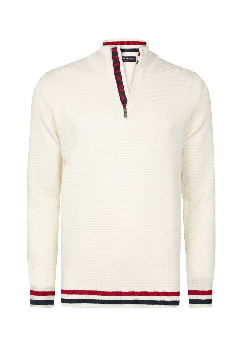 Weißer Reißverschluss-Pullover mit strukturiertem Strickmuster. Mit rot-blau gestreiftem Kragen und Saum. Reißverschluss am Hals für eine verstellbare Passform.