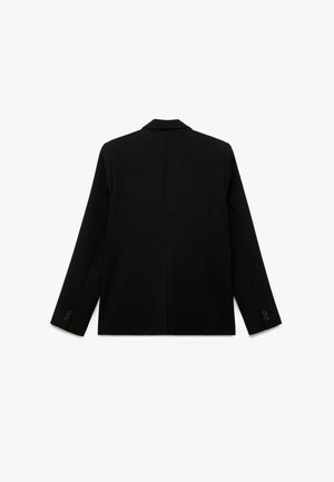 Czarna dopasowana marynarka z długimi rękawami, klapami i mankietami na guziki. Gładki materiał z czystym, prostym wzorem z tyłu.