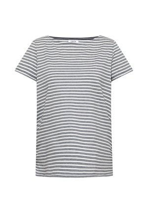 Grijs-wit horizontaal gestreept T-shirt met korte mouwen, een ronde hals en een "CECIL" label aan de binnenkant van de kraag.