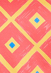 Musterstoff mit einem rosa Hintergrund, der gelbe Diamantformen und blaue Quadrate in der Mitte jedes Diamanten zeigt, strukturierte Gestaltung.