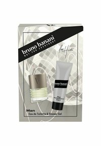 Bruno Banani lahjapakkaus, joka sisältää lasisen Eau de Toilette -pullon hopeisella korkilla ja harmaan miesten suihkugeeliputken, molemmat miehille tarkoitettuja.