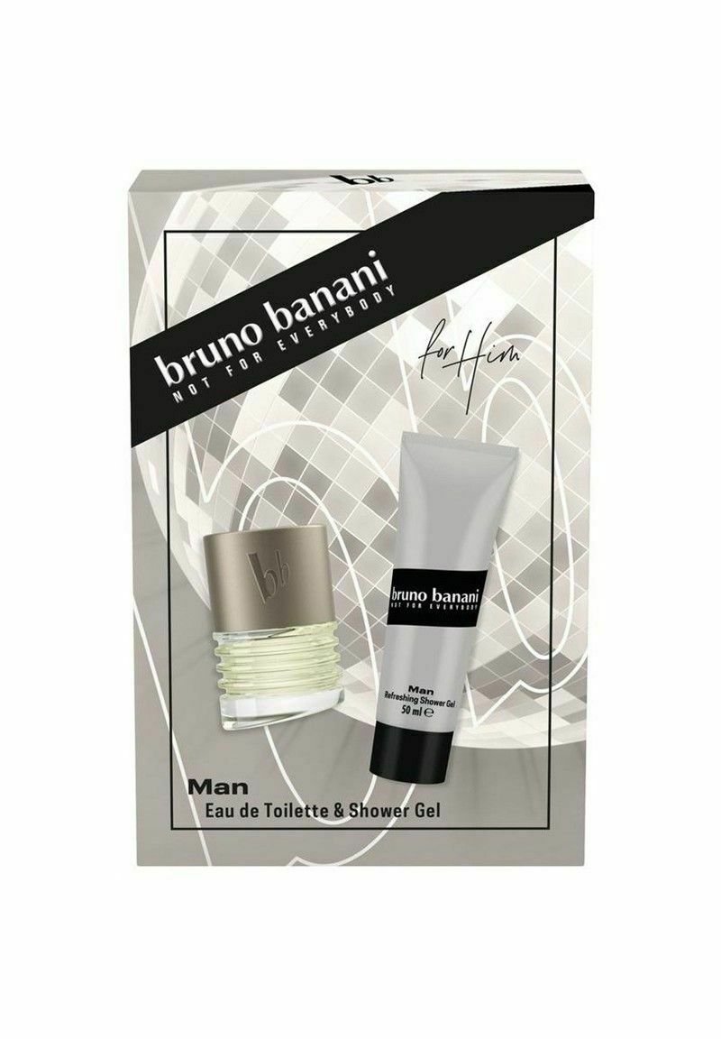 Bruno Banani lahjapakkaus, joka sisältää lasisen Eau de Toilette -pullon hopeisella korkilla ja harmaan miesten suihkugeeliputken, molemmat miehille tarkoitettuja.