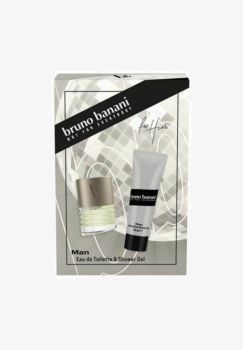 Bruno Banani lahjapakkaus, joka sisältää lasisen Eau de Toilette -pullon hopeisella korkilla ja harmaan miesten suihkugeeliputken, molemmat miehille tarkoitettuja.