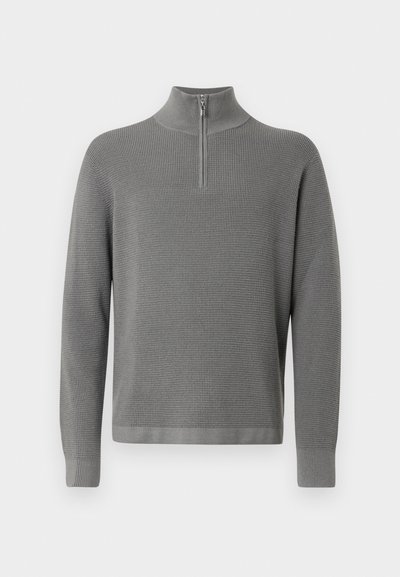 Gray knit pullover with a half-zip collar, long sleeves, and a textured pattern. Clean lines and ribbed accents on the cuffs and hem.
