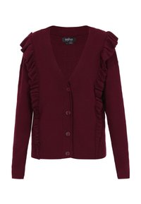 Bordowy kardigan z głębokim dekoltem w kształcie V, prążkowaną teksturą, długimi rękawami i falbanami na przodzie. Pięć guzików biegnących wzdłuż środka.