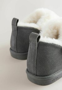Pair of dark gray suede slippers with white fluffy lining visible, rear pull tabs, and rubber soles on neutral background.
