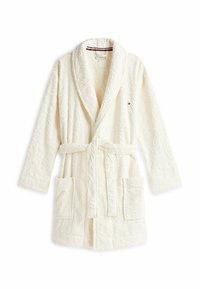 Accappatoio bianco con trama a motivo paisley, due tasche frontali, cintura da annodare in vita e collo a scialle. Materiale morbido e soffice.