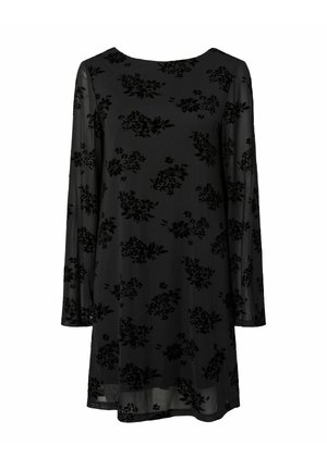 Vestido negro de manga larga con un patrón floral, confeccionado en una tela suave y ligeramente transparente, con un escote redondo y un ajuste relajado.