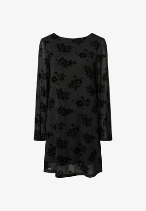 Robe noire à manches longues avec un motif floral, en tissu doux et légèrement transparent, avec un col rond et une coupe décontractée.