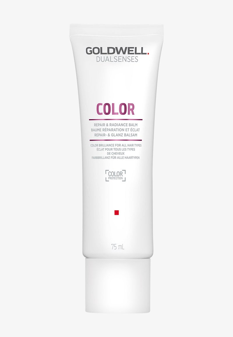 Tube Goldwell Dualsenses Color Repair & Radiance Balm, 75 ml, emballage blanc avec texte violet et gris.