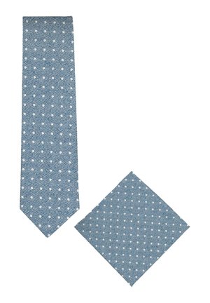 Blue tie and pocket square set with white polka dots and subtle diagonal striped texture on a white background.