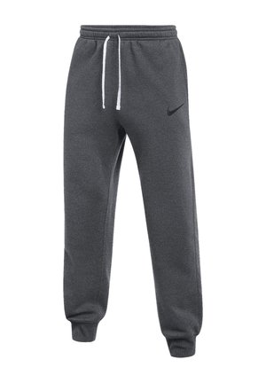 Dunkelgraue Nike-Sweatpants mit elastischem Bund, weißen Kordeln, Bündchen an den Knöcheln und schwarzem Nike-Swoosh-Logo am linken Oberschenkel.