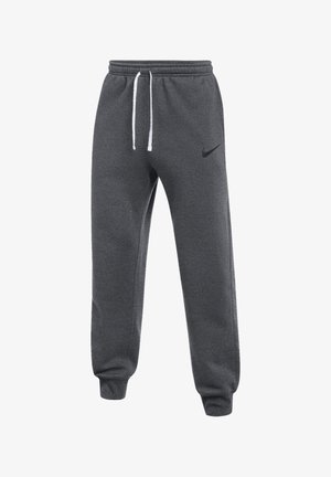 Dunkelgraue Nike-Sweatpants mit elastischem Bund, weißen Kordeln, Bündchen an den Knöcheln und schwarzem Nike-Swoosh-Logo am linken Oberschenkel.