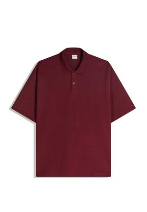 Maroon short-sleeve polo shirt with two buttons and a folded collar, laid flat on a white background.