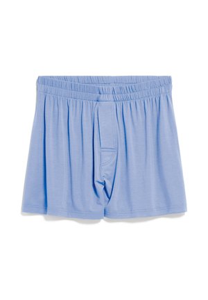 Light blue cotton boxers with an elastic waistband, featuring a front fly, loose fit, and smooth texture. No visible patterns or accents.