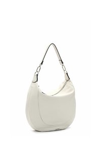 Borsa a tracolla in pelle bianca con una forma curva, dettagli neri sulla tracolla e apertura con zip. Texture liscia con dettagli di cucitura.